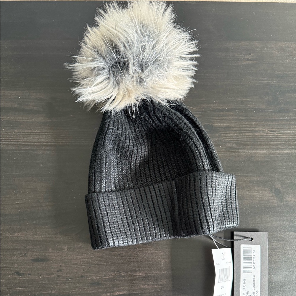 jocelyn Black Knit Pom Beanie with Faux Fur Pom